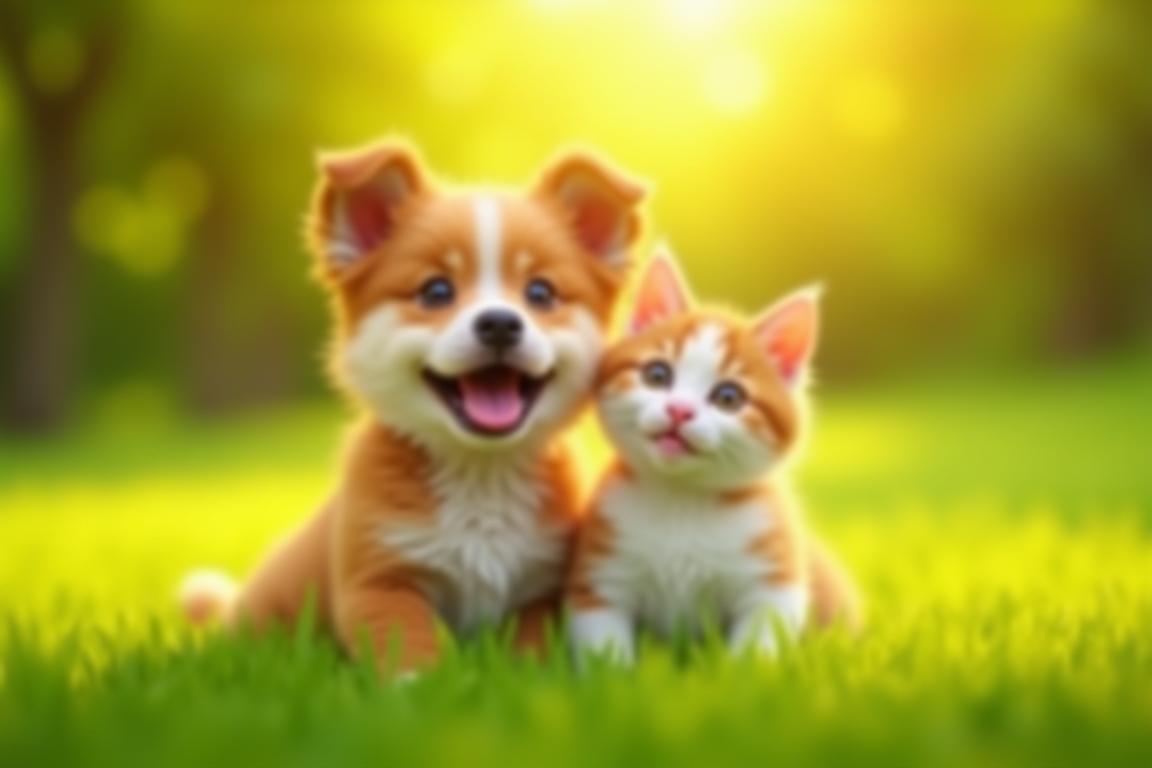 Happy dog and cat together in green setting