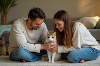 Family meeting a rescue cat for adoption
