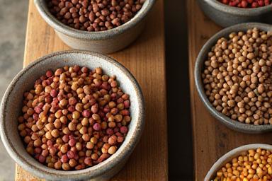 Bowls of pet food on wooden table
